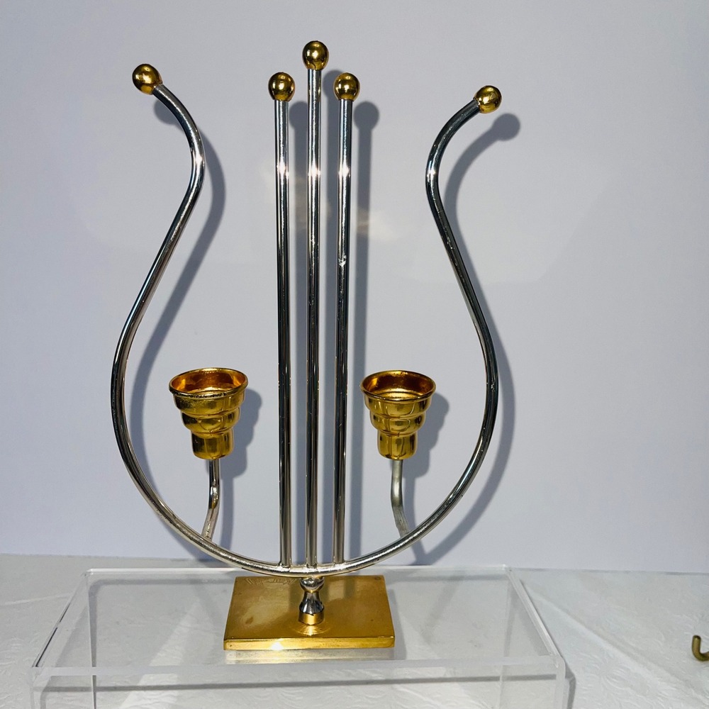Vintage Karshi Jerusalem 24KT Gold Plated Lyre Harp Candle Holder Candelabra